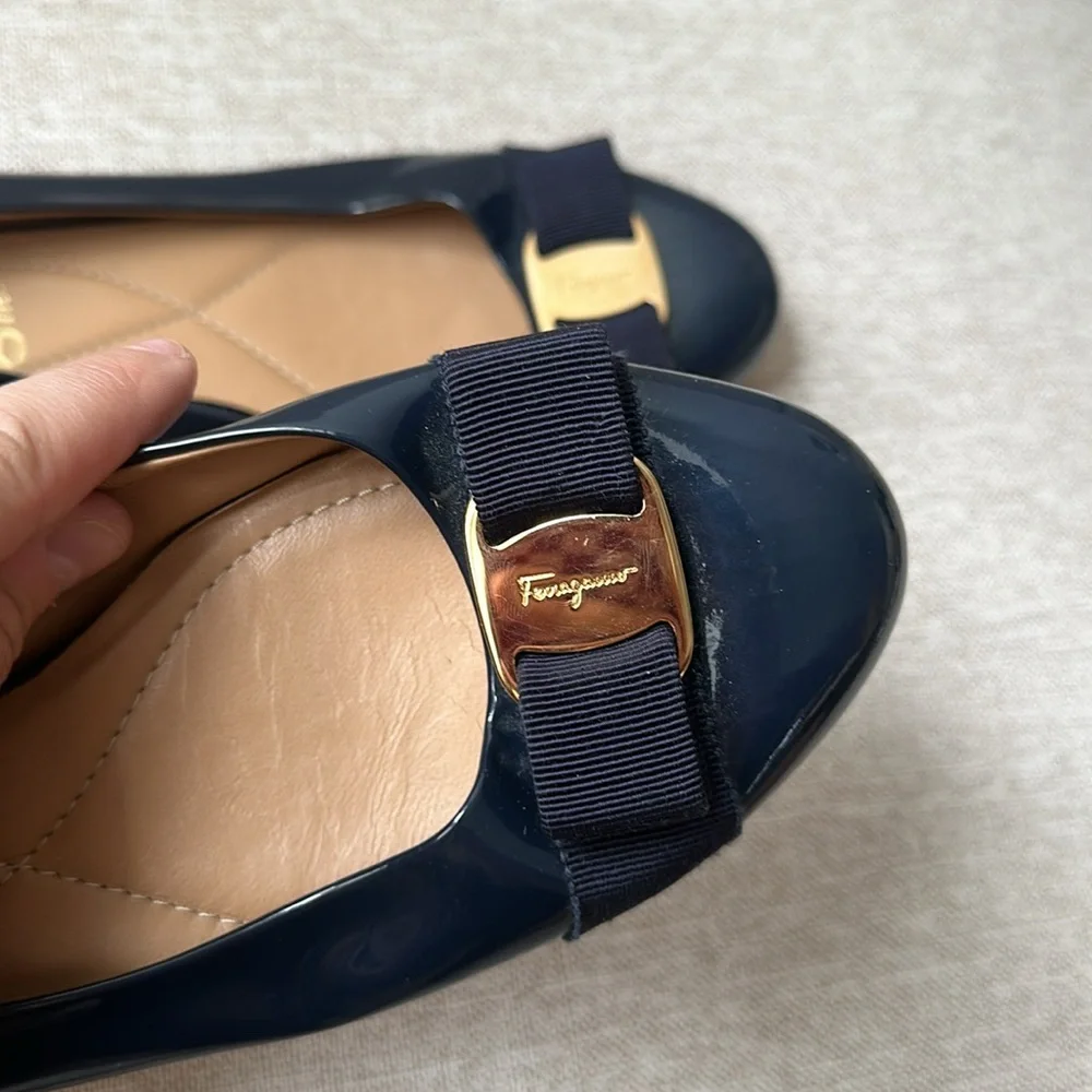 Salvatore Ferragamo Varina Patent Leather Ballet Flats in Navy - Picture 7 of 7